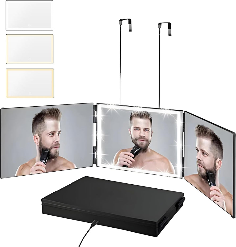 Vanexiss front view trifold mirror showing full-face lighting benefit