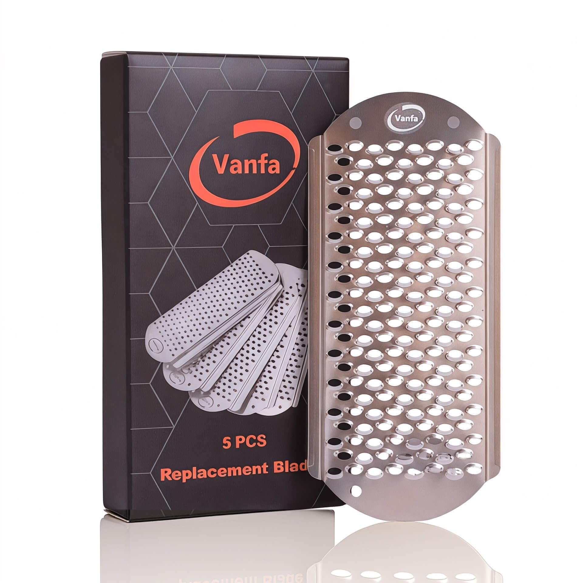 Vanfa front packaging showing pack of five replacement blades for convenience