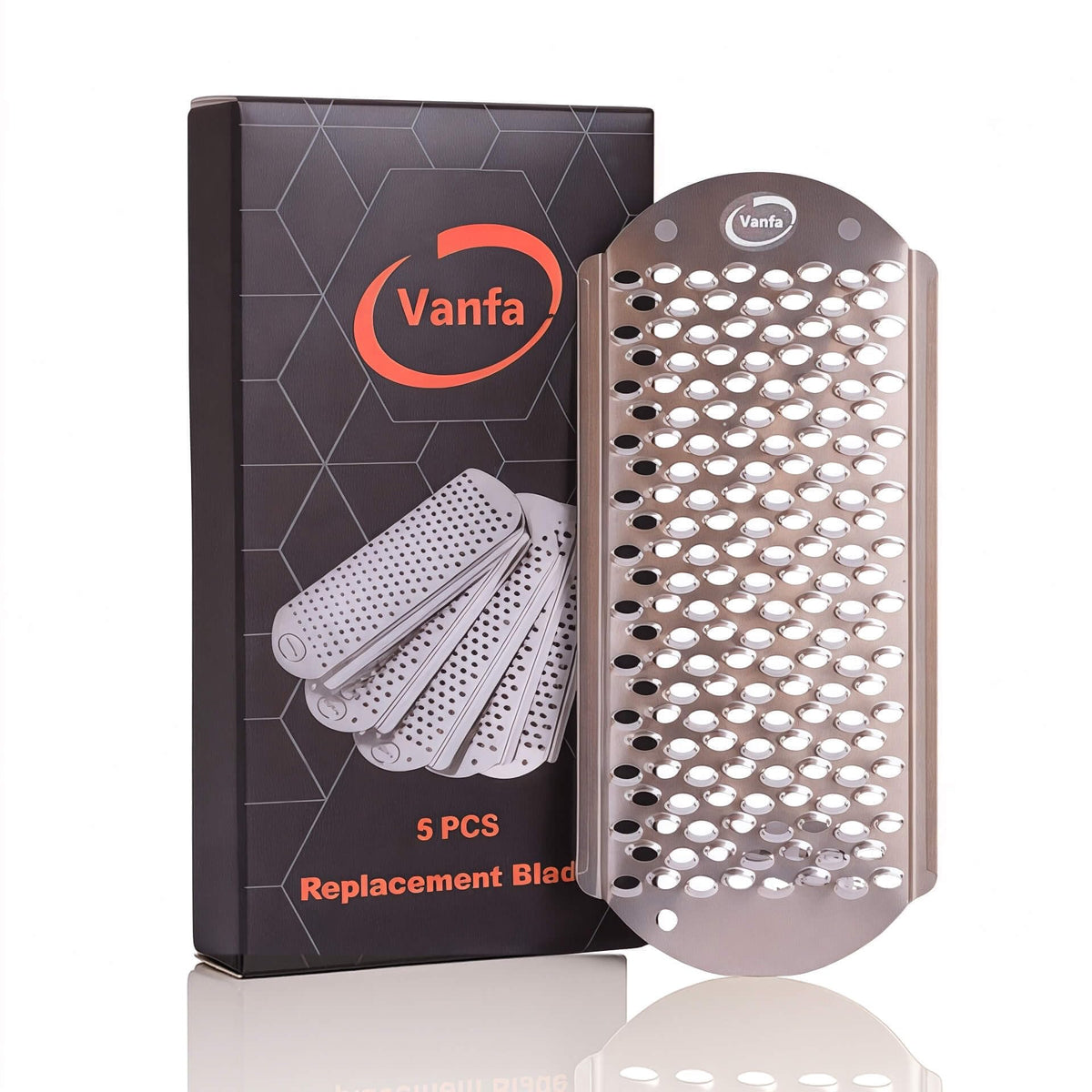 Vanfa front packaging showing pack of five replacement blades for convenience
