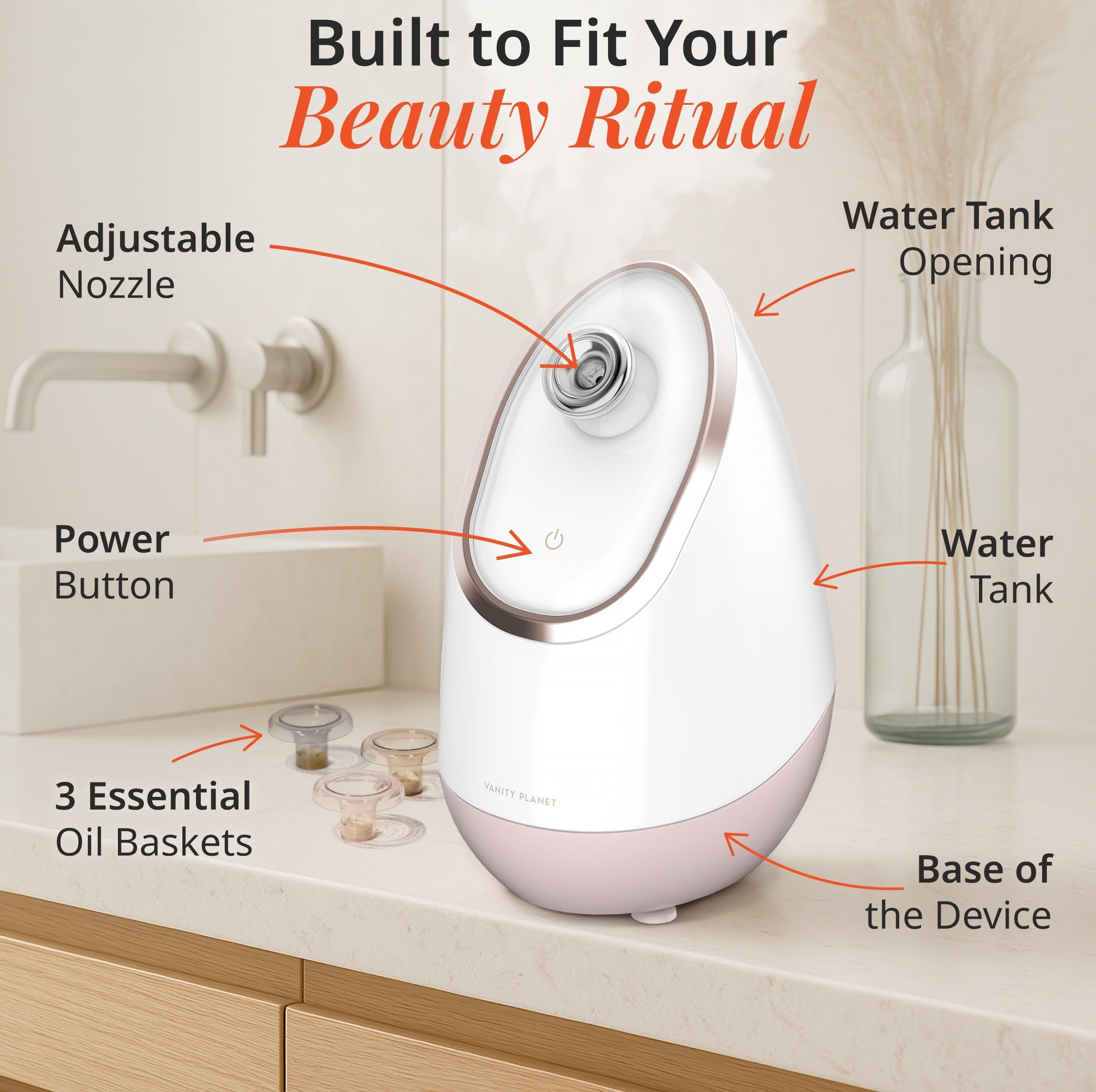 Vanity Planet Aira foam baskets with essential oils showing aromatherapy option for calming steam