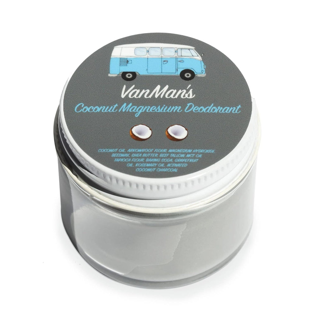 The VanMan Company coconut magnesium deodorant front view showing clean tin benefit: portable storage