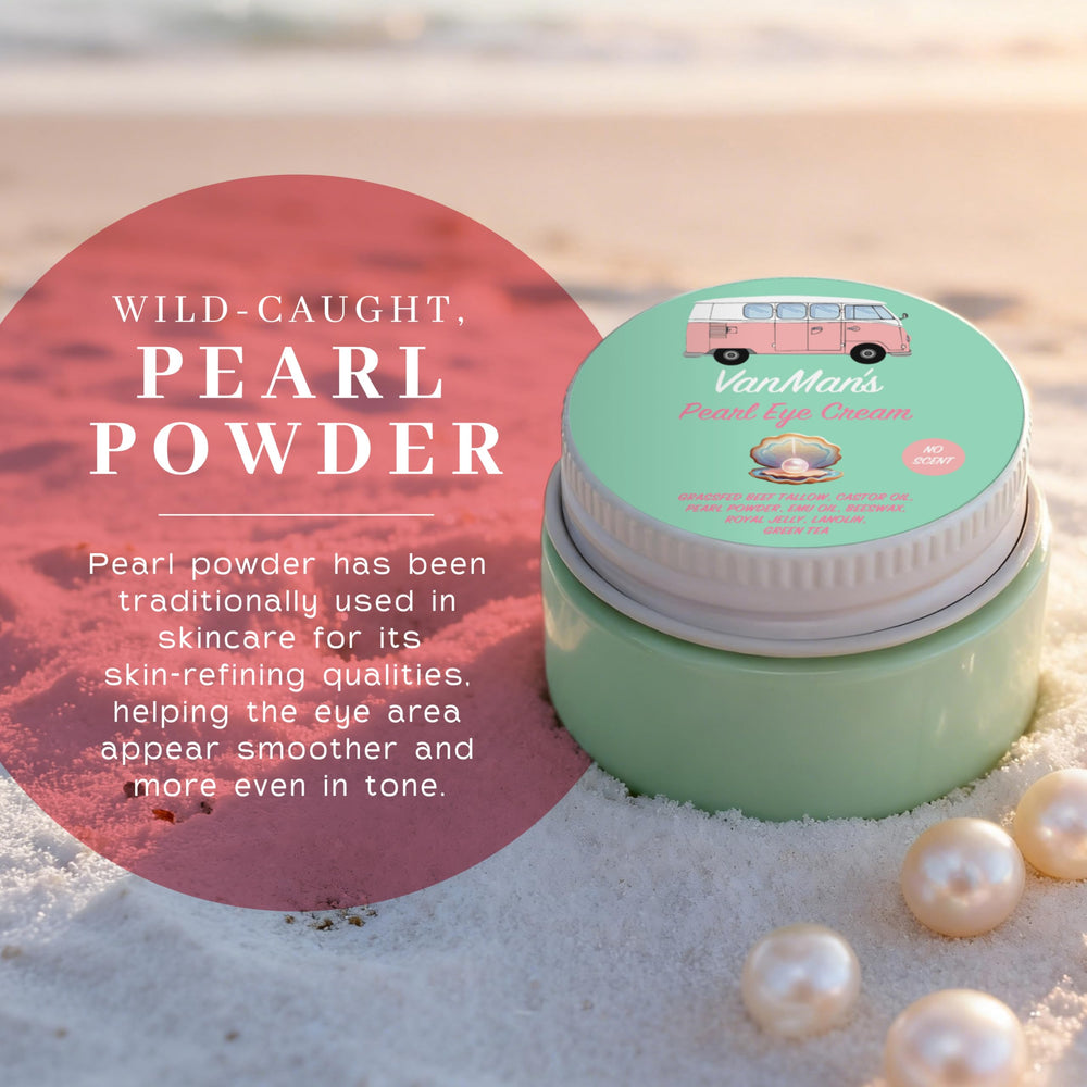 VanMan’s Pearl Eye Cream being applied with finger for gentle under-eye care