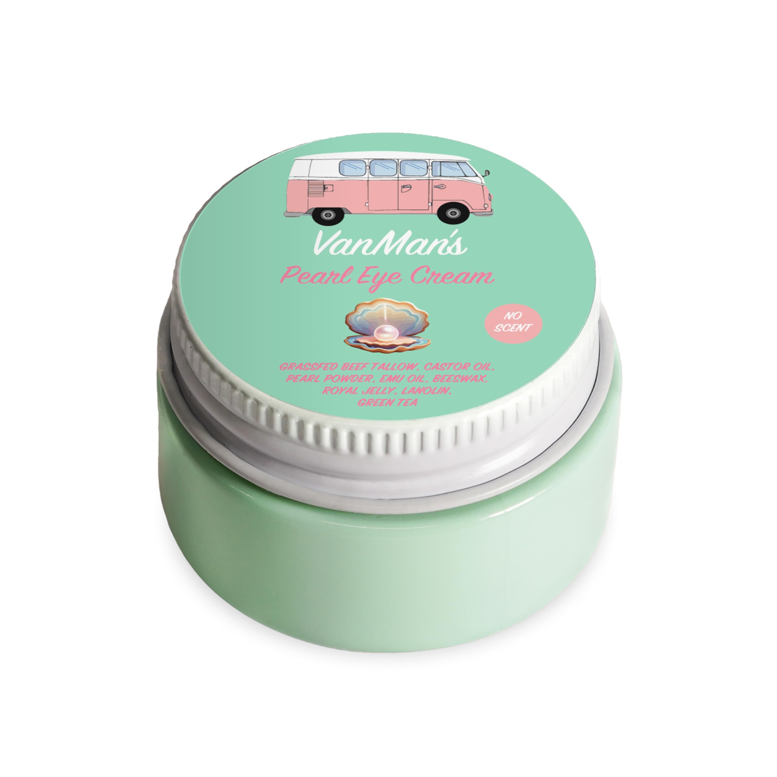 VanMan’s Pearl Eye Cream front jar showing simple packaging and easy use