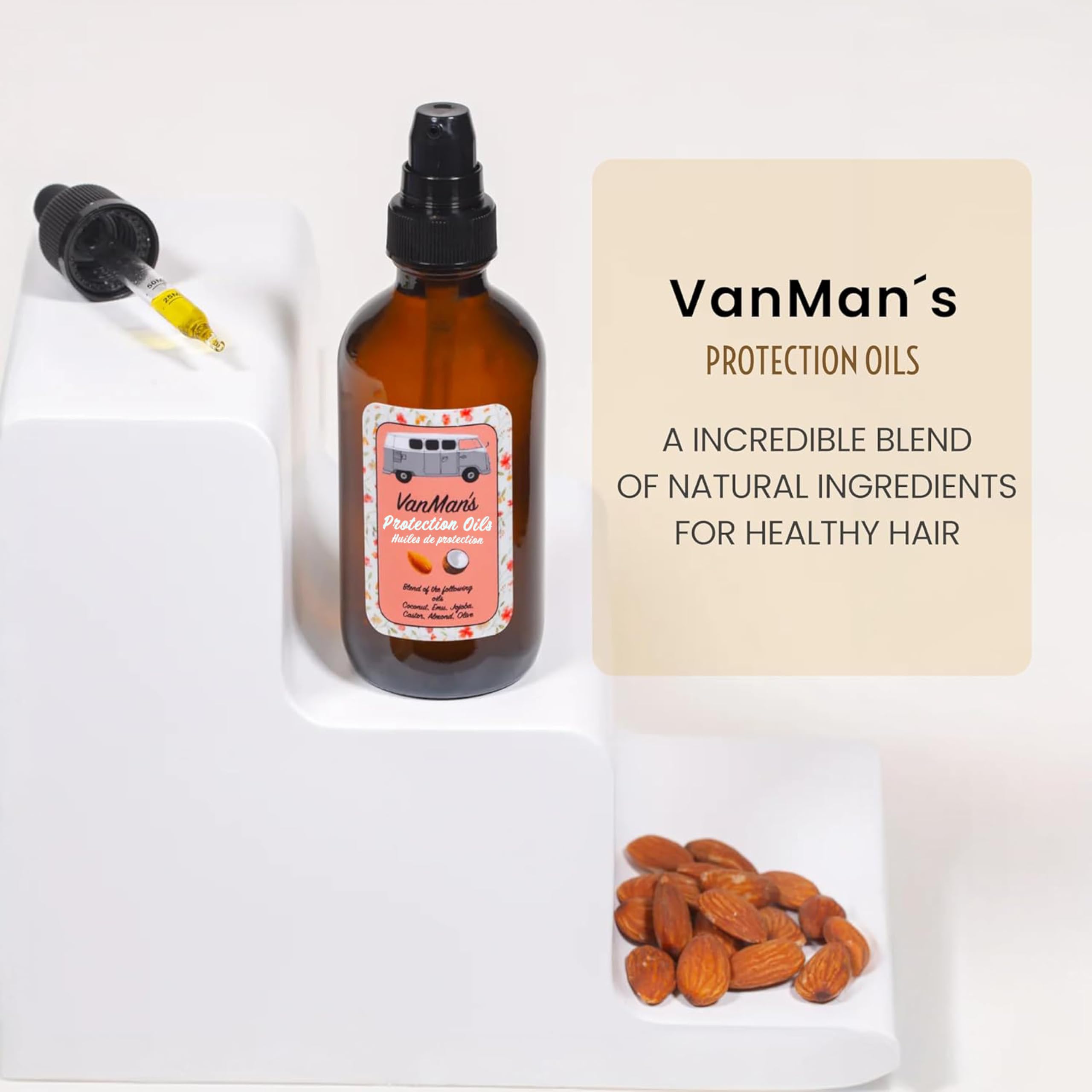 Close-up texture of VanMan oil showing smooth lightweight sheen benefit
