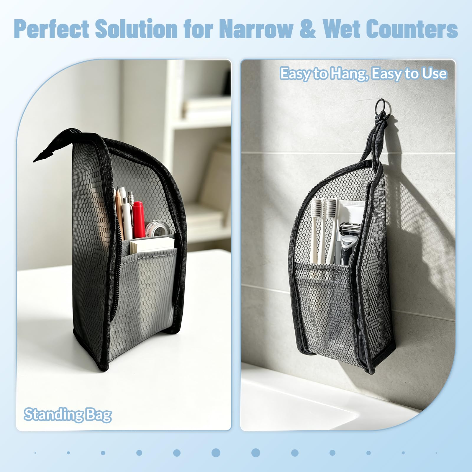 VANNMESTER standing open on bathroom counter for easy hands-free access benefit