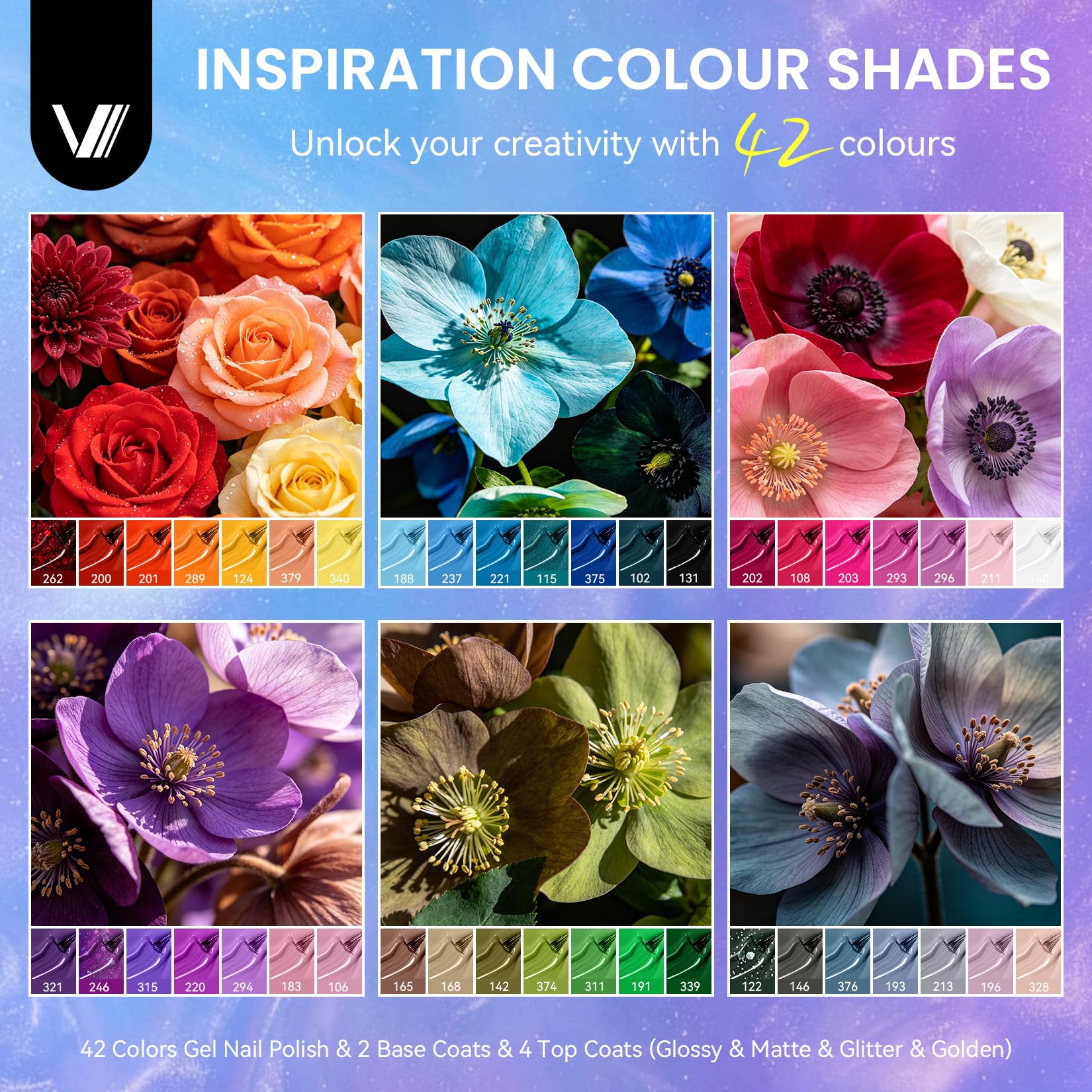 VANREESA color range flatlay highlighting 42 fall shades for versatile looks