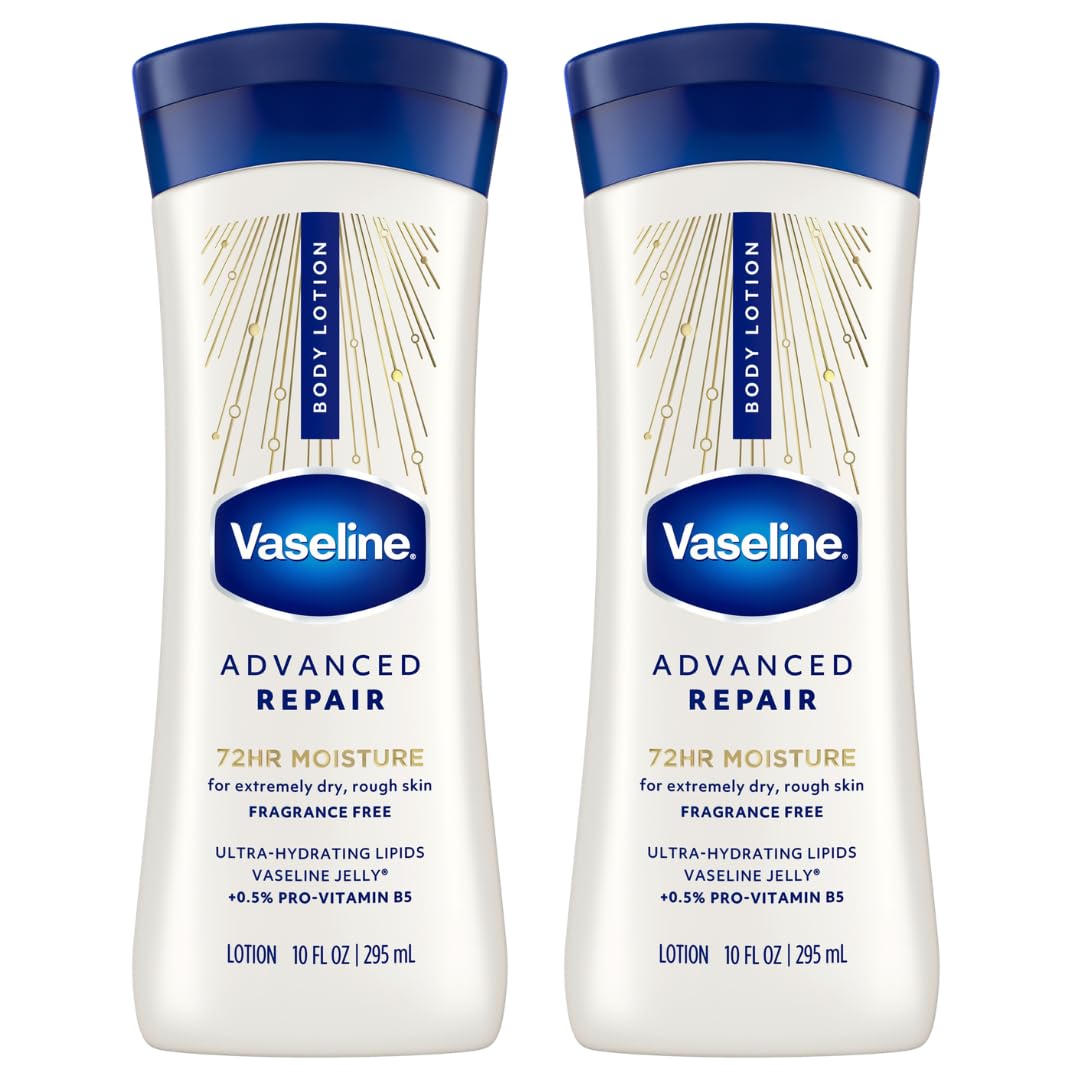 Vaseline Advanced Repair front packaging showing two 10 oz bottles and hydration benefits