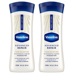 Vaseline Advanced Repair front packaging showing two 10 oz bottles and hydration benefits