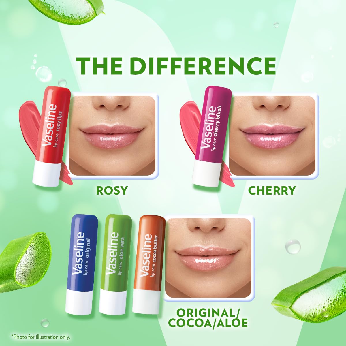 Aloe leaf beside Vaseline Aloe stick highlighting soothing botanical benefit