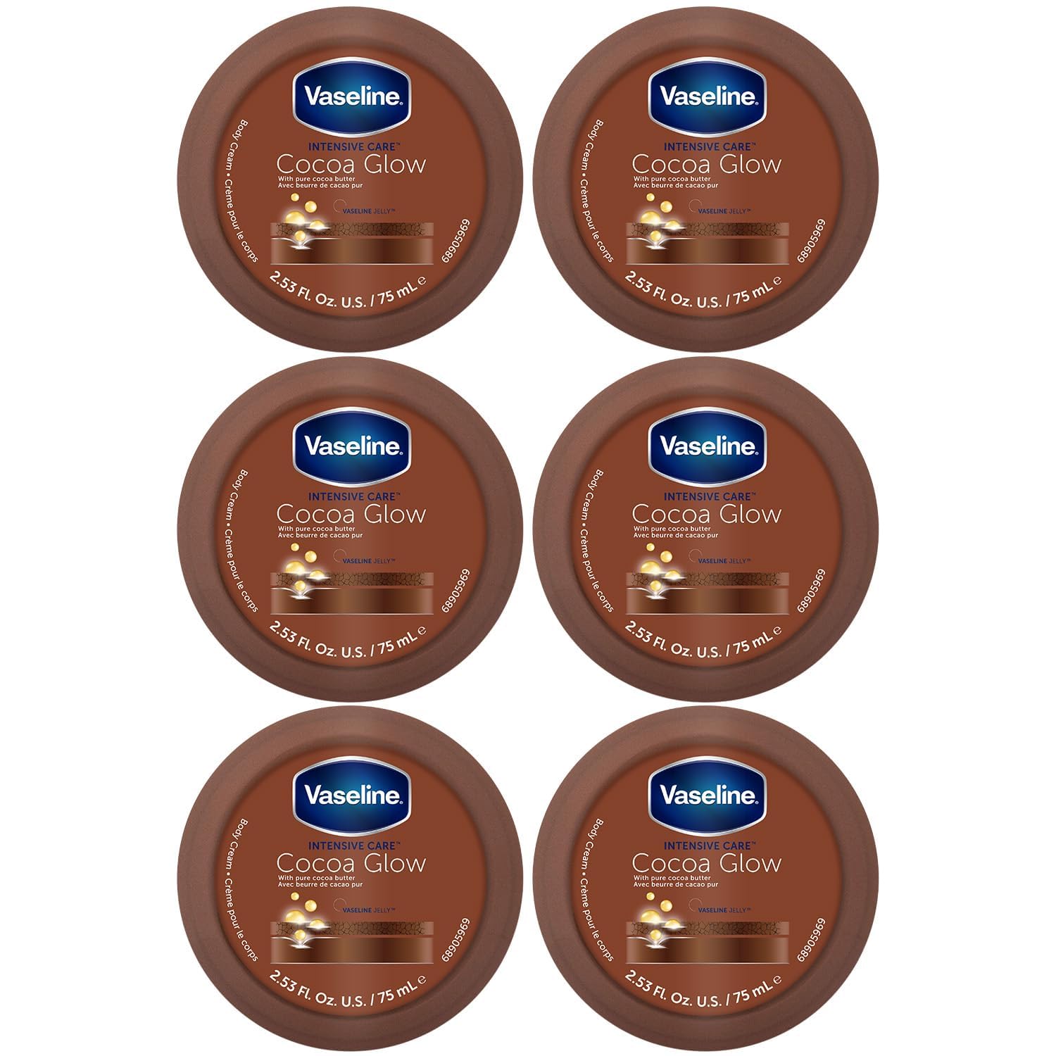 Vaseline front packaging showing six travel-size jars and cocoa scent benefit