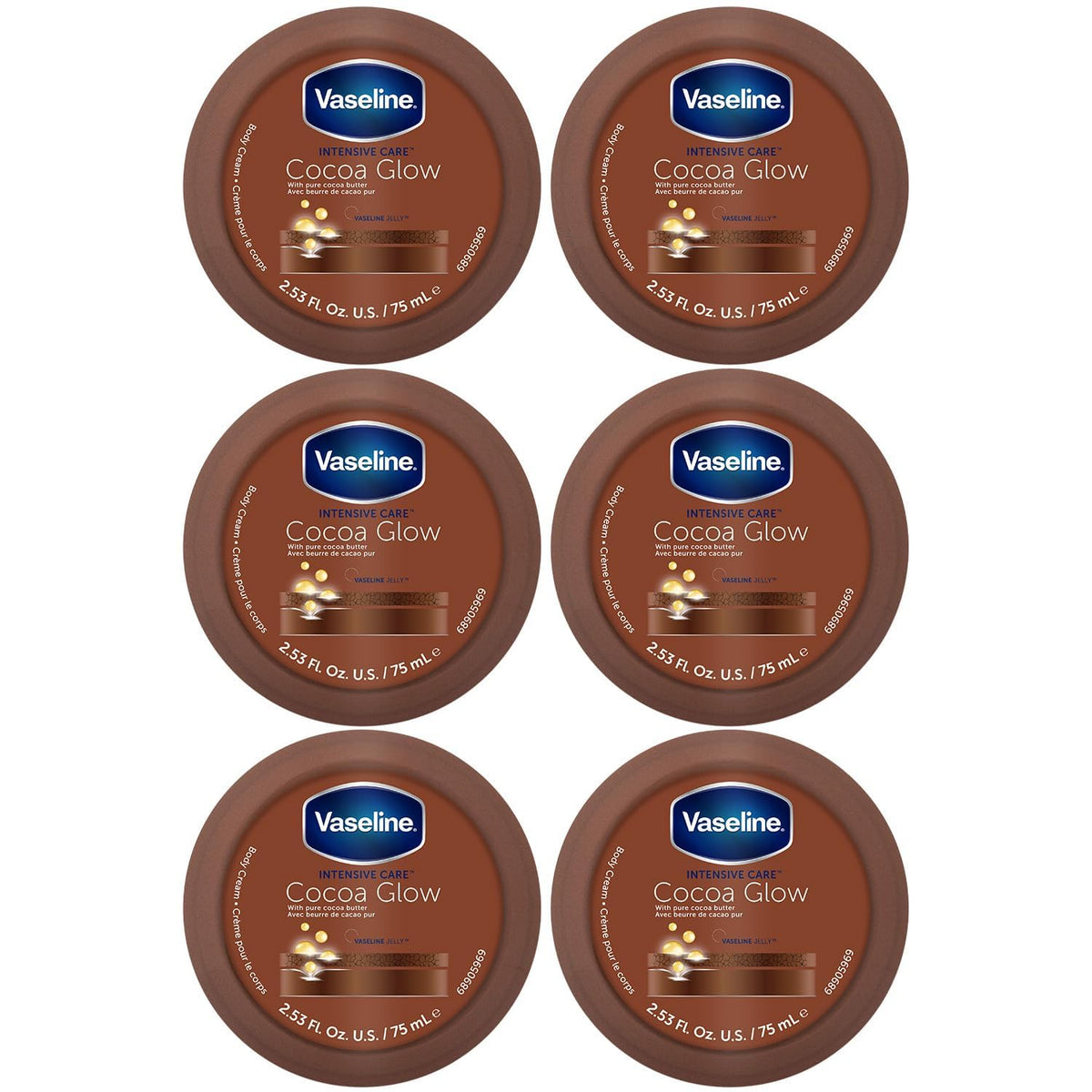 Vaseline front packaging showing six travel-size jars and cocoa scent benefit