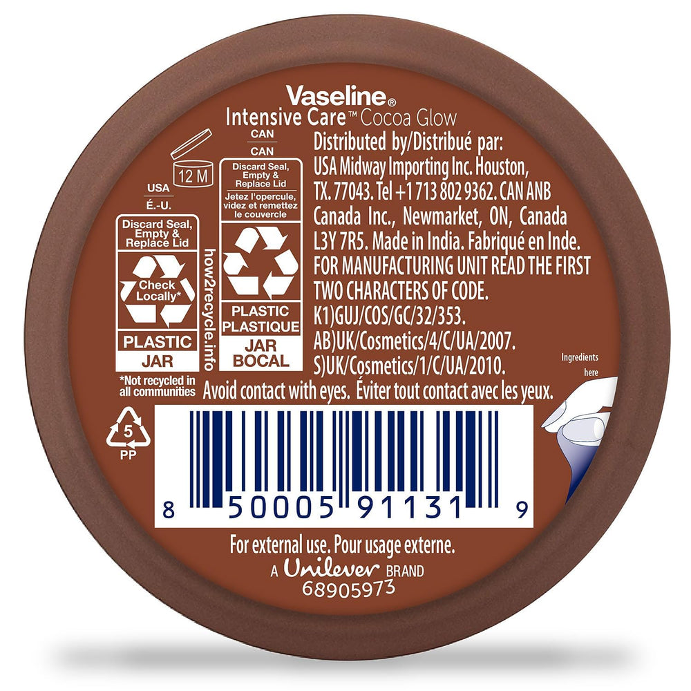 Vaseline open jar texture close-up showing creamy cocoa butter hydration