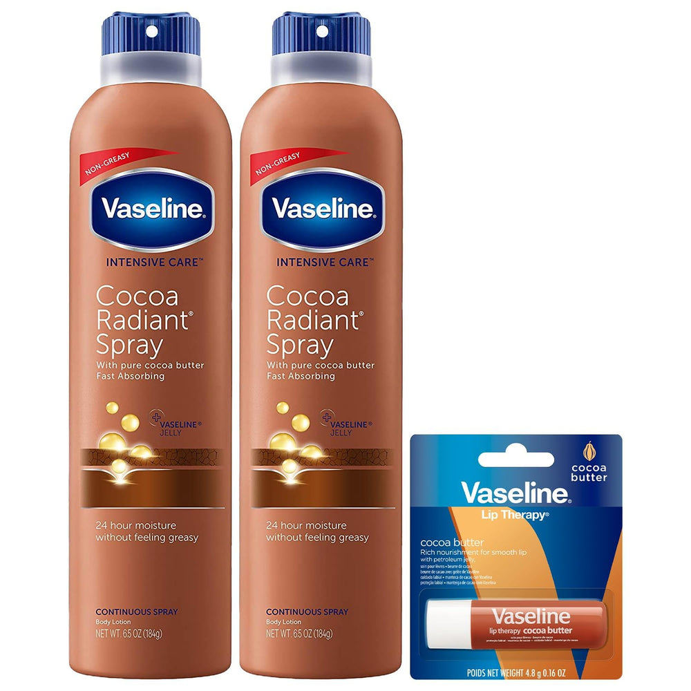 Vaseline front packaging showing two cocoa radiant spray bottles and lip balm, quick hydration benefit