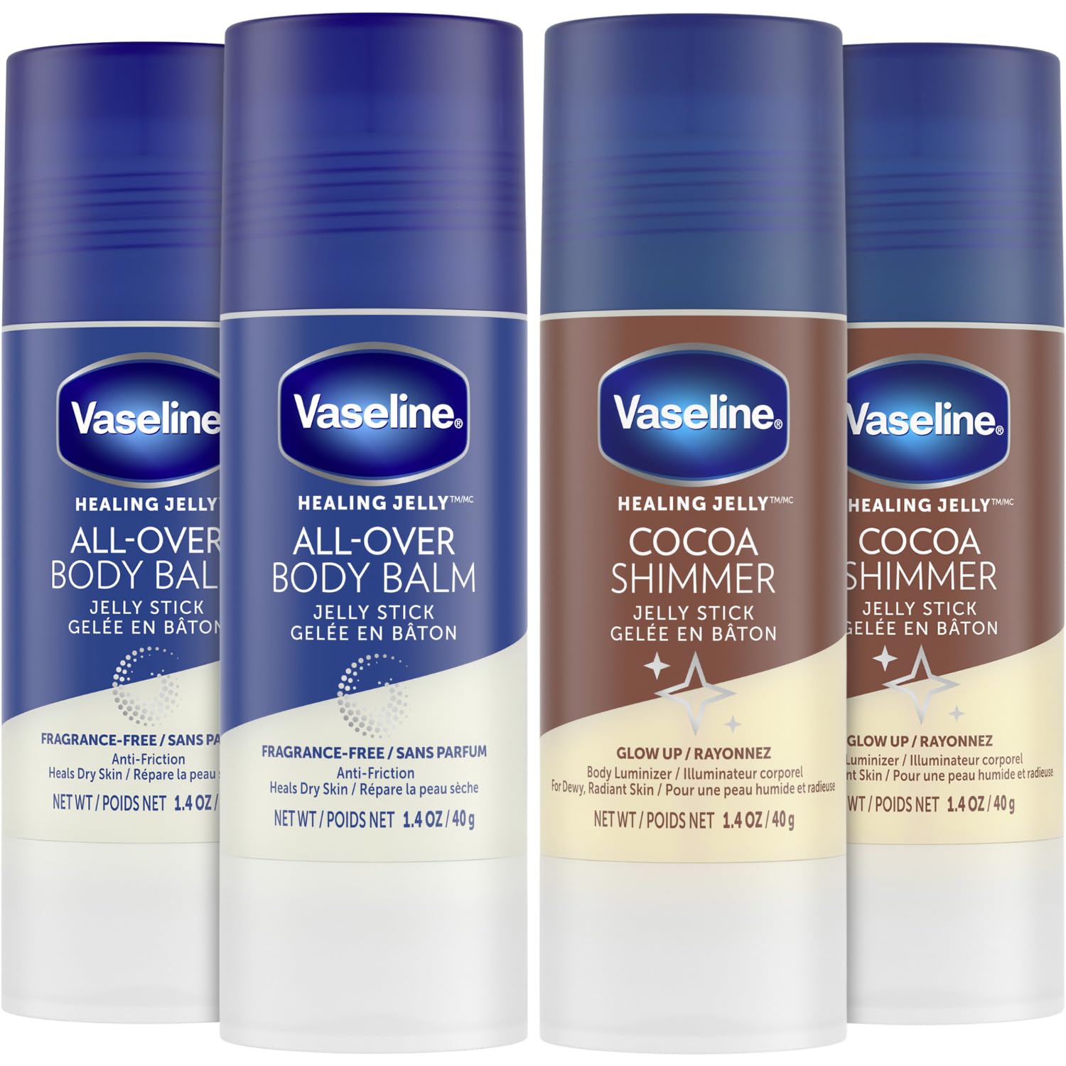 Vaseline cocoa shimmer stick front view shows luminous benefit