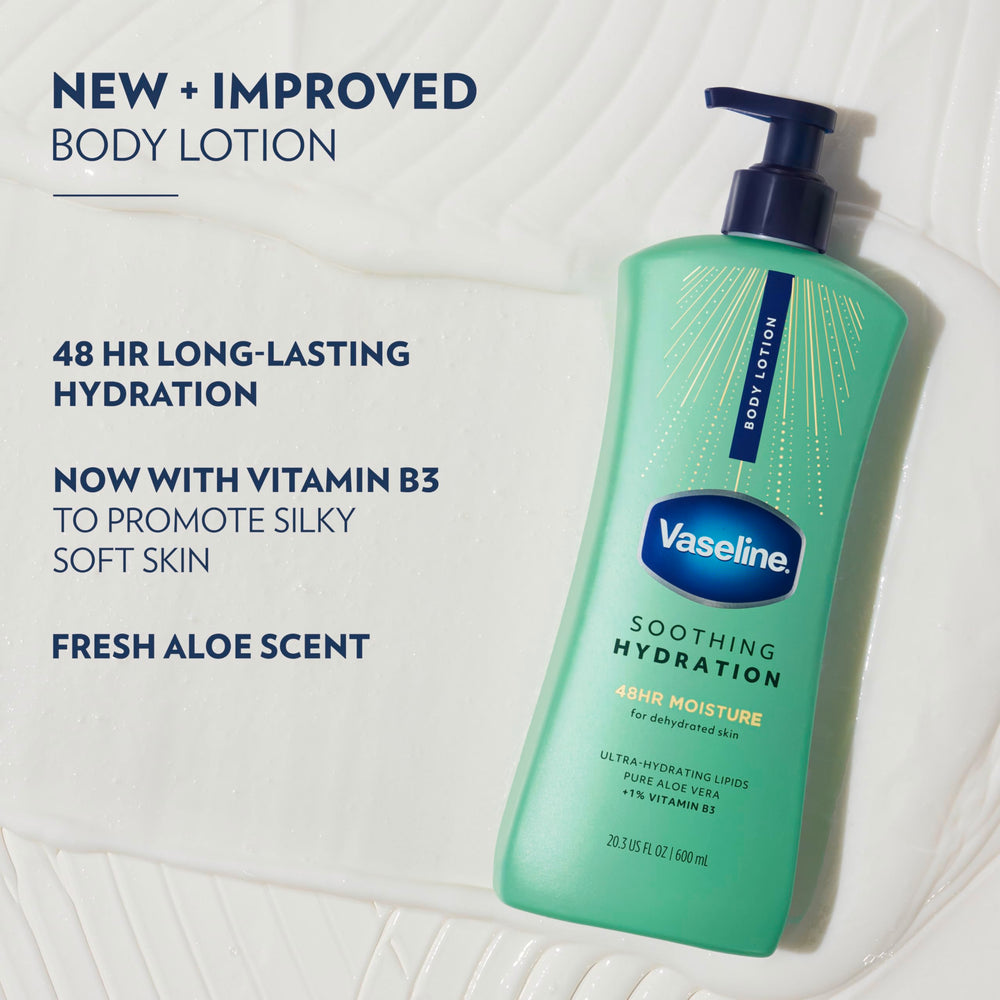 Vaseline lotion close-up with aloe-visible texture, soothing hydration benefit