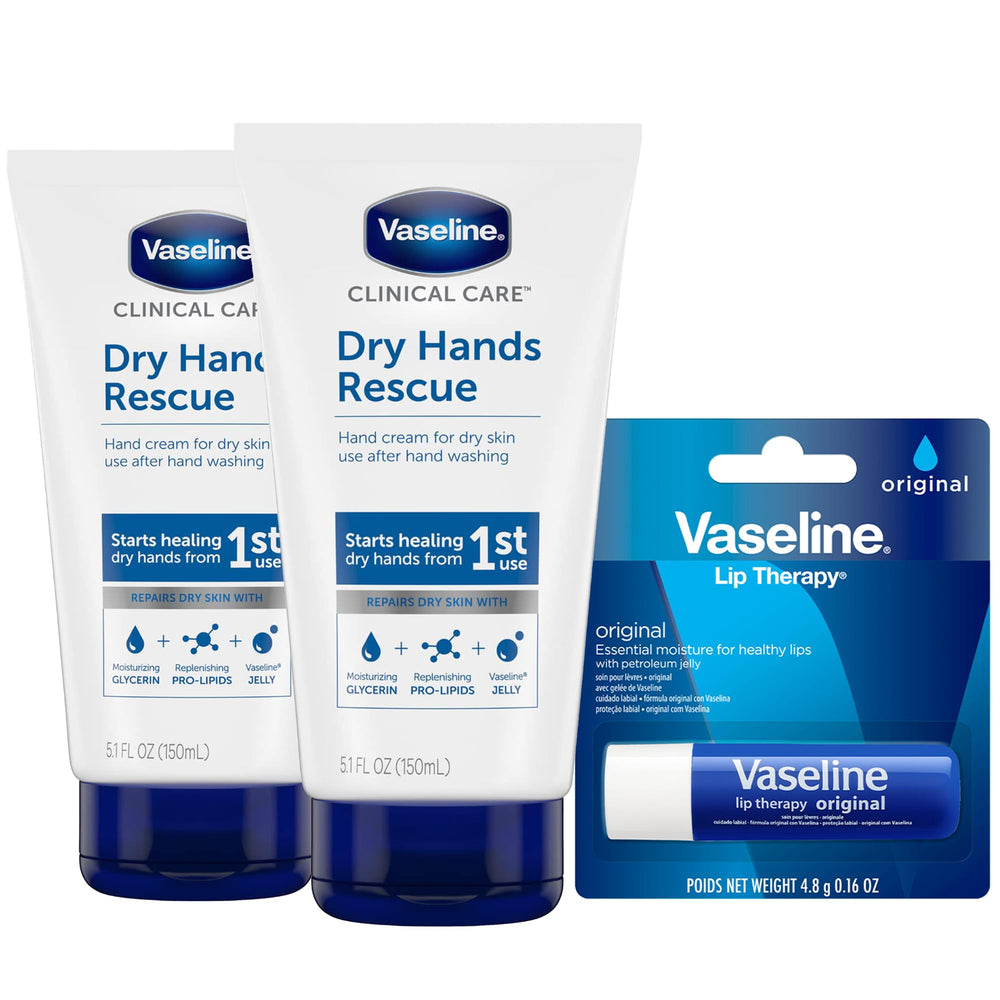 Vaseline front packaging showing two tubes and benefits for quick hydration