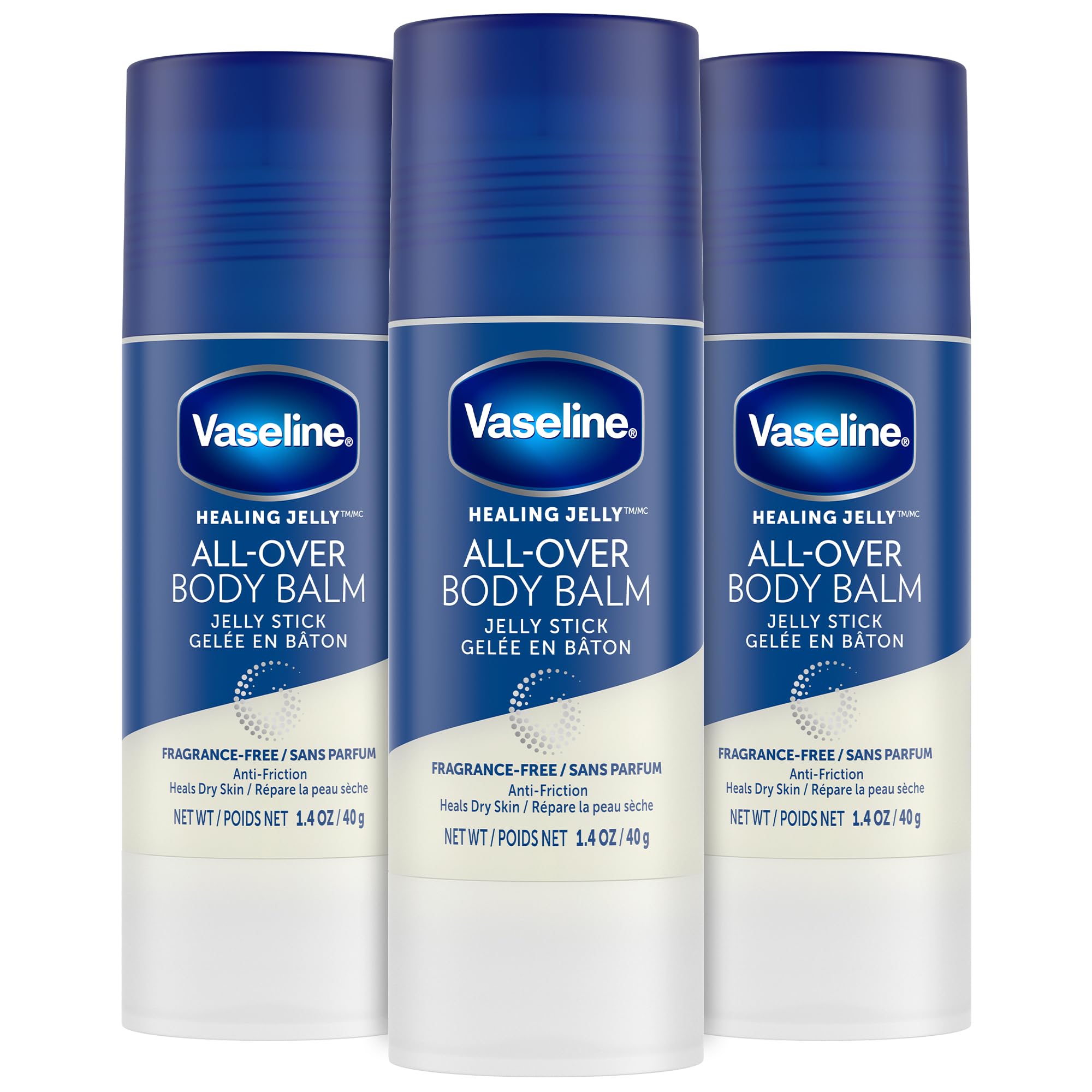 Vaseline 3-pack front packaging showing compact travel-ready sticks and benefits