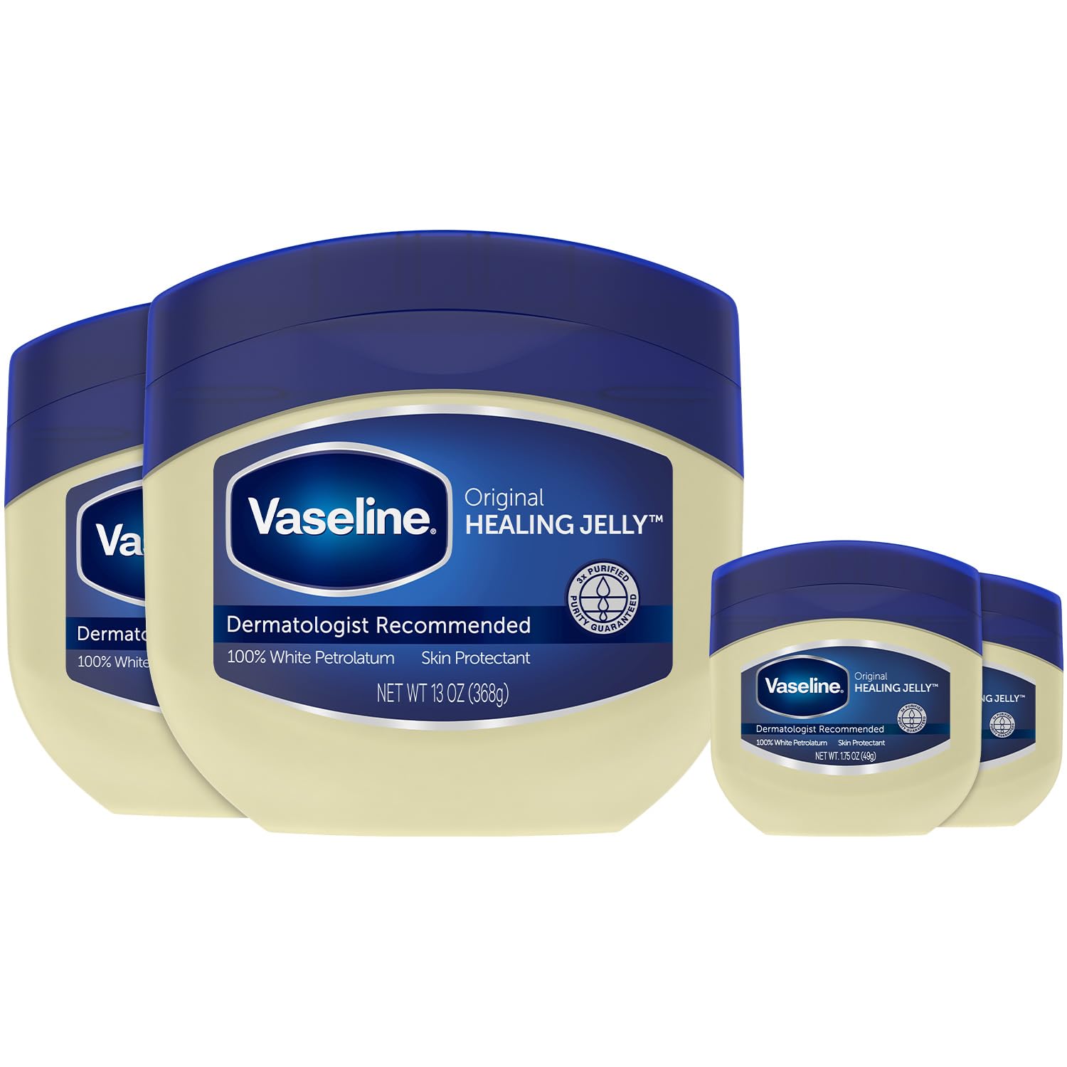 Vaseline front packaging 4‑pack showing jars and tins for reliable skin protection