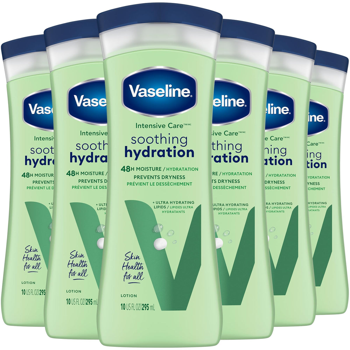 Vaseline front packaging showing six bottles and hydration benefit