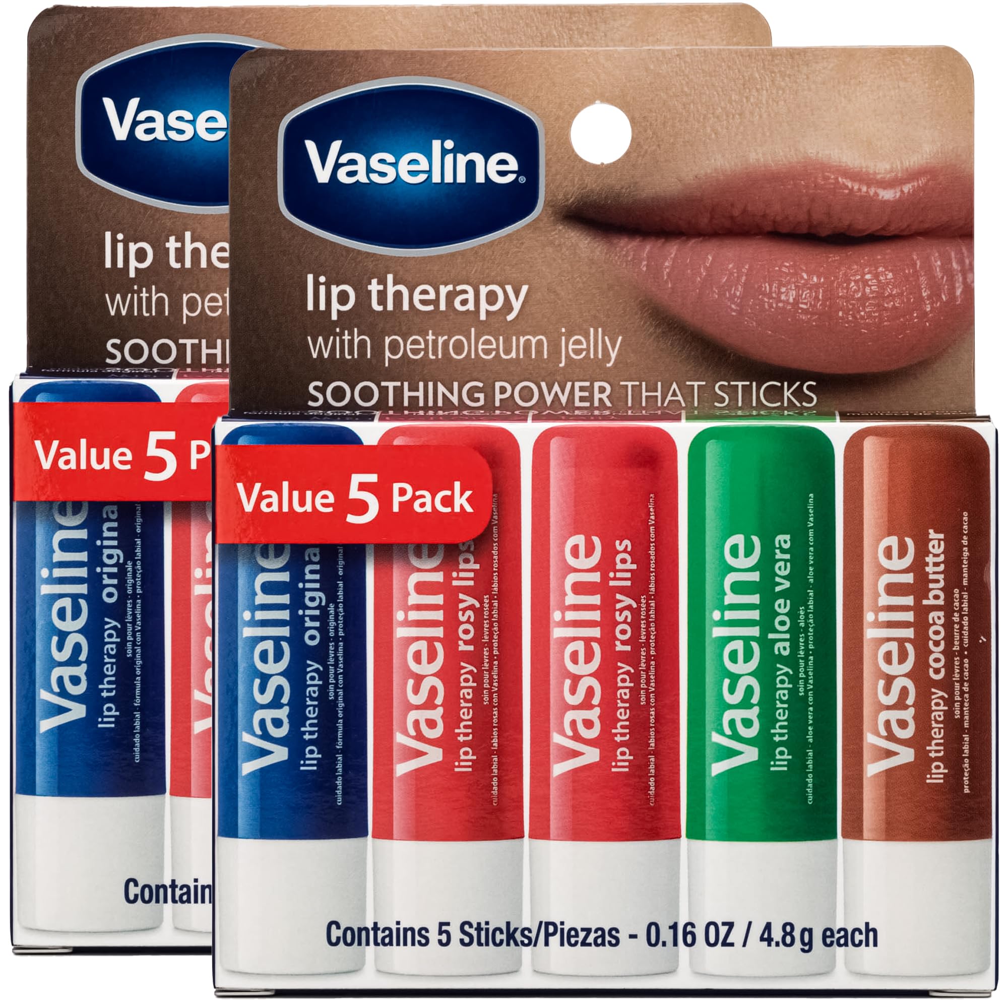 Vaseline front packaging showing two five-pack boxes and total ten tubes for convenience