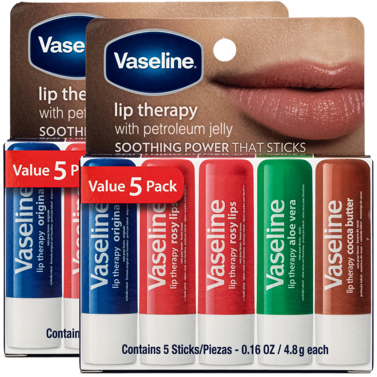 Vaseline front packaging showing two five-pack boxes and total ten tubes for convenience
