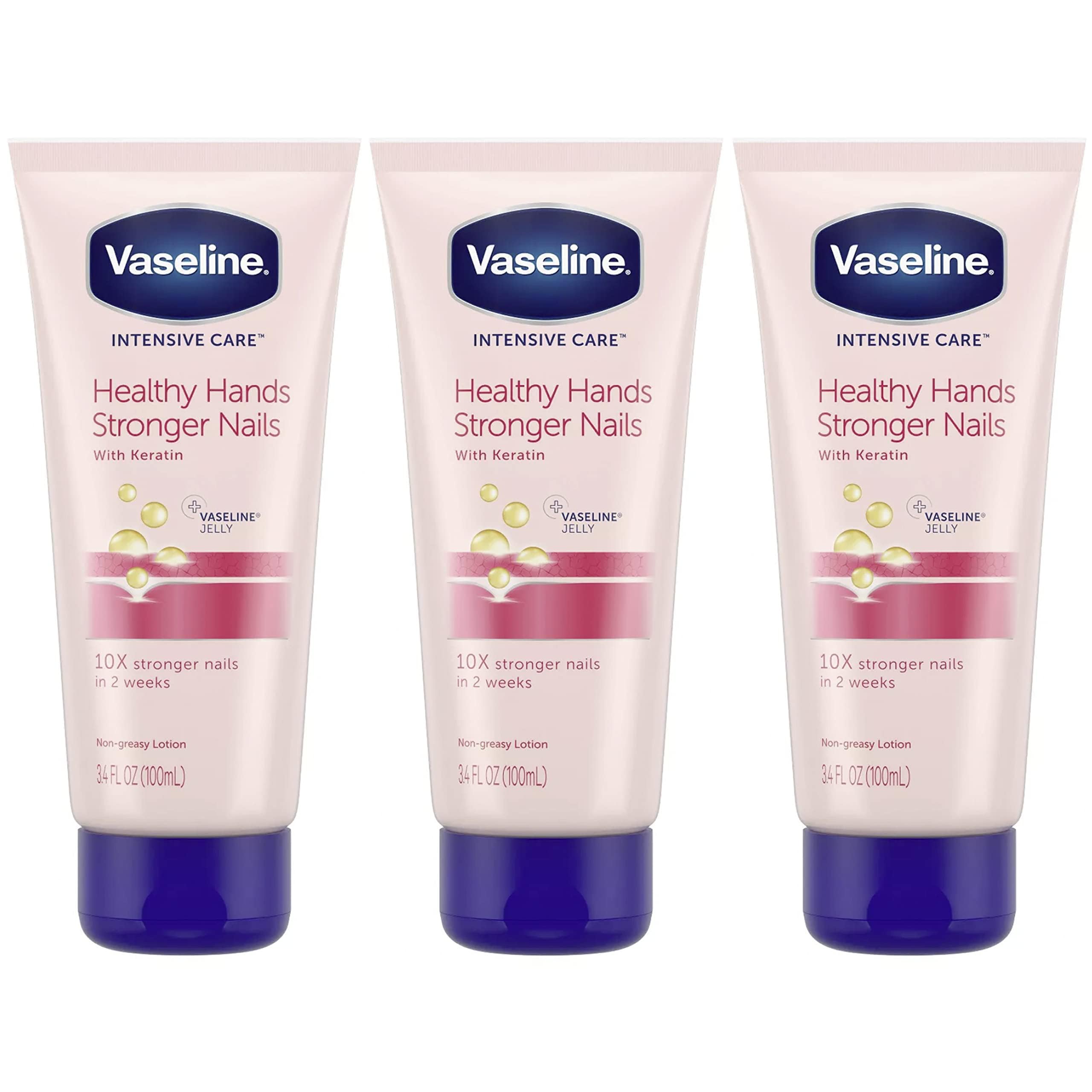 Vaseline 3-pack front view showing travel-size tubes and benefits