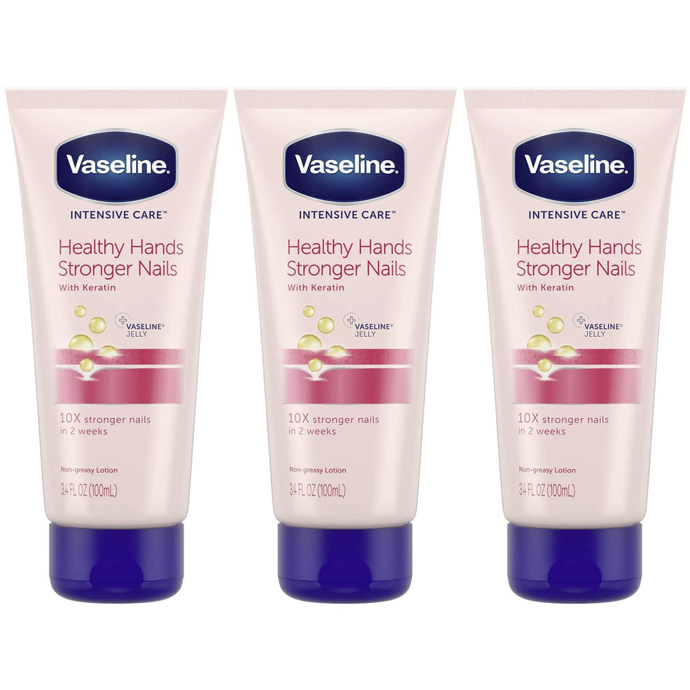 Vaseline 3-pack front view showing travel-size tubes and benefits