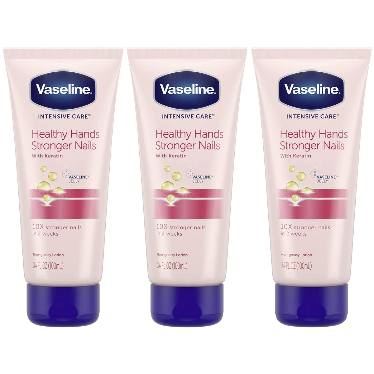 Vaseline 3-pack front view showing travel-size tubes and benefits