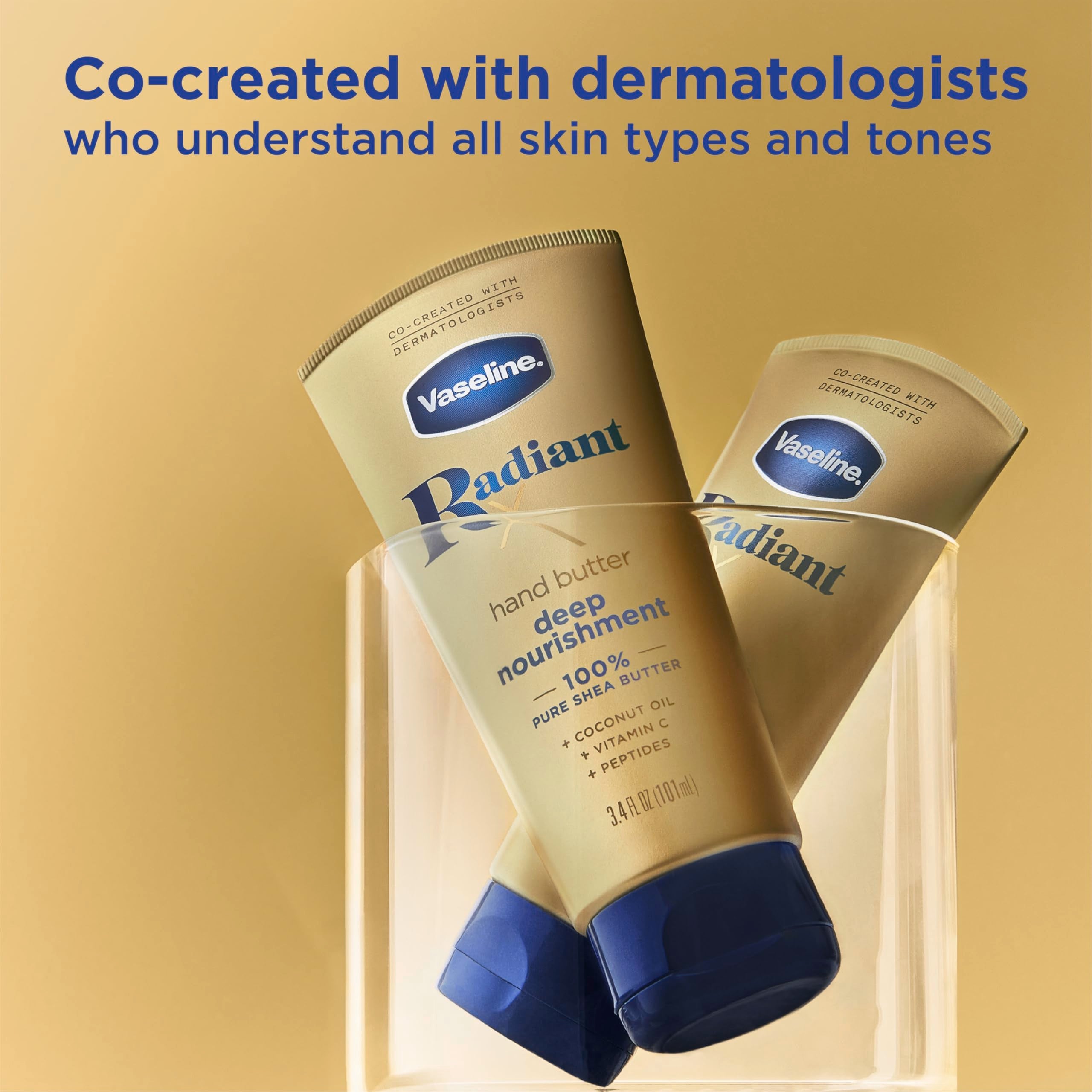Label and ingredients on Vaseline hand butter jar indicating dermatologist-tested formulation benefits