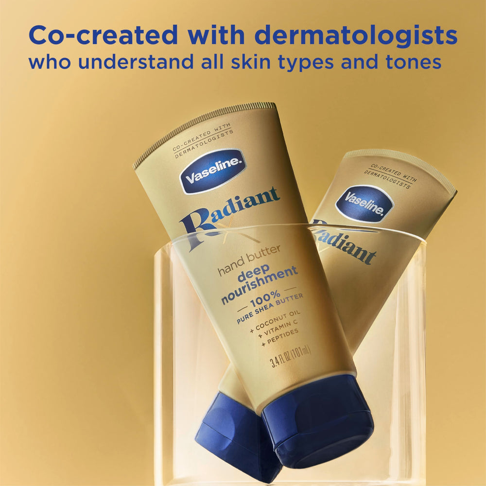 Label and ingredients on Vaseline hand butter jar indicating dermatologist-tested formulation benefits