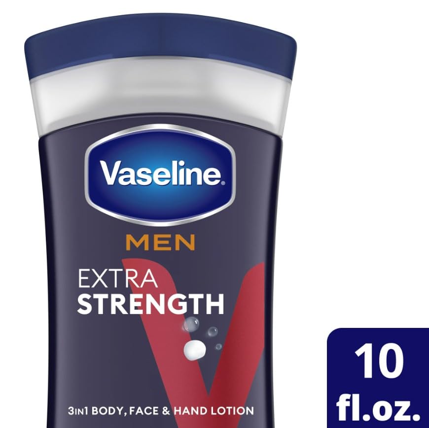 Vaseline mens extra strength lotion being rubbed into hands for smooth skin benefit
