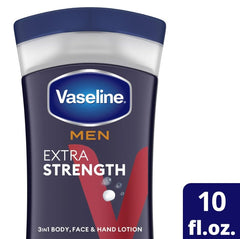 Vaseline mens extra strength lotion being rubbed into hands for smooth skin benefit