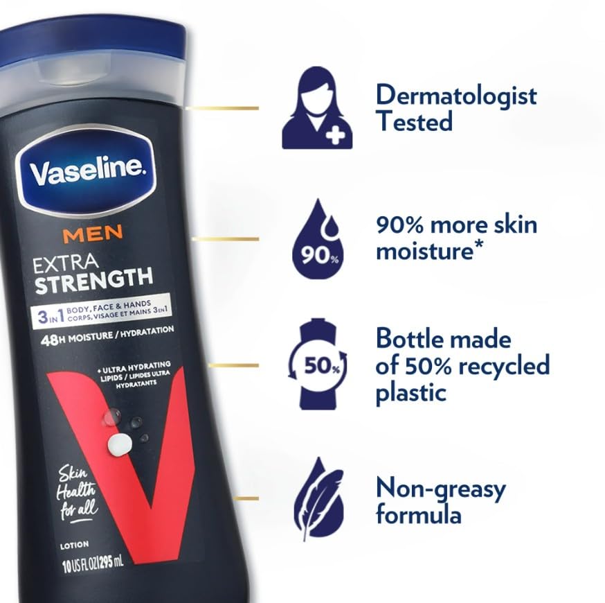 Vaseline mens extra strength back label showing ingredients and usage clarity benefit