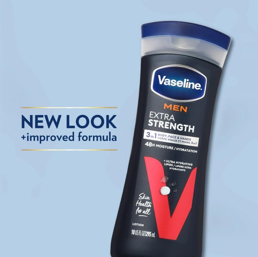 Vaseline mens extra strength applied to jawline demonstrating face hydration benefit