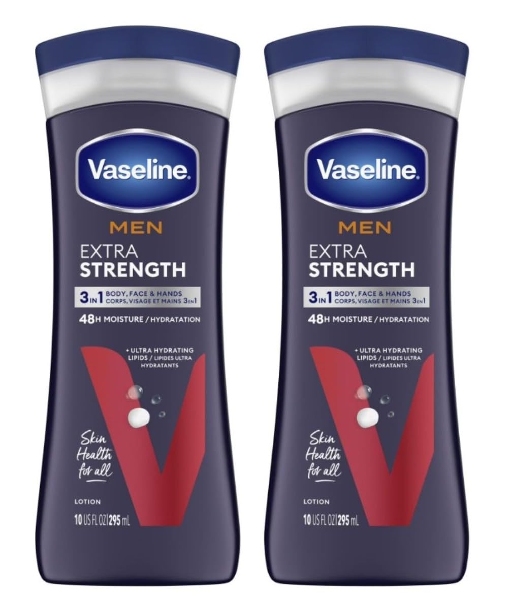 Vaseline mens extra strength front view of two bottles showing packaging benefit