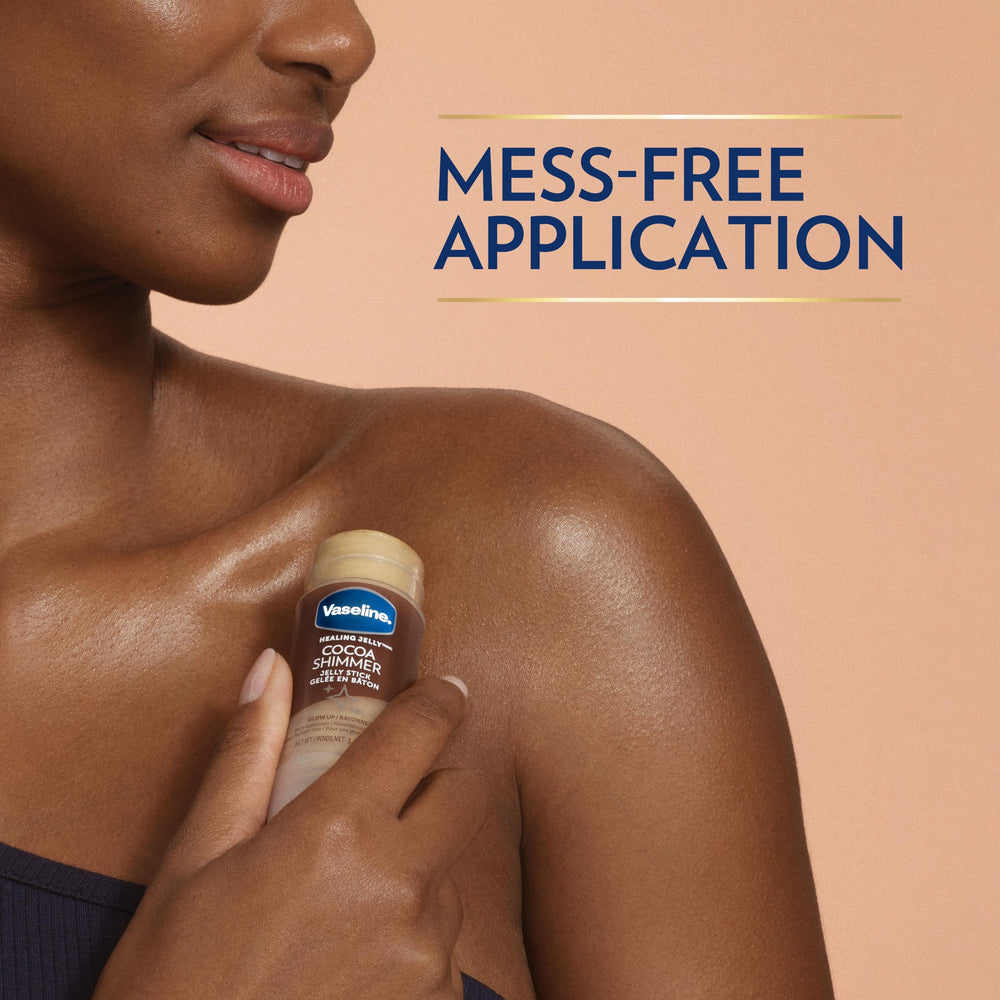 Open Vaseline cap revealing cocoa shimmer surface and ready-to-use balm