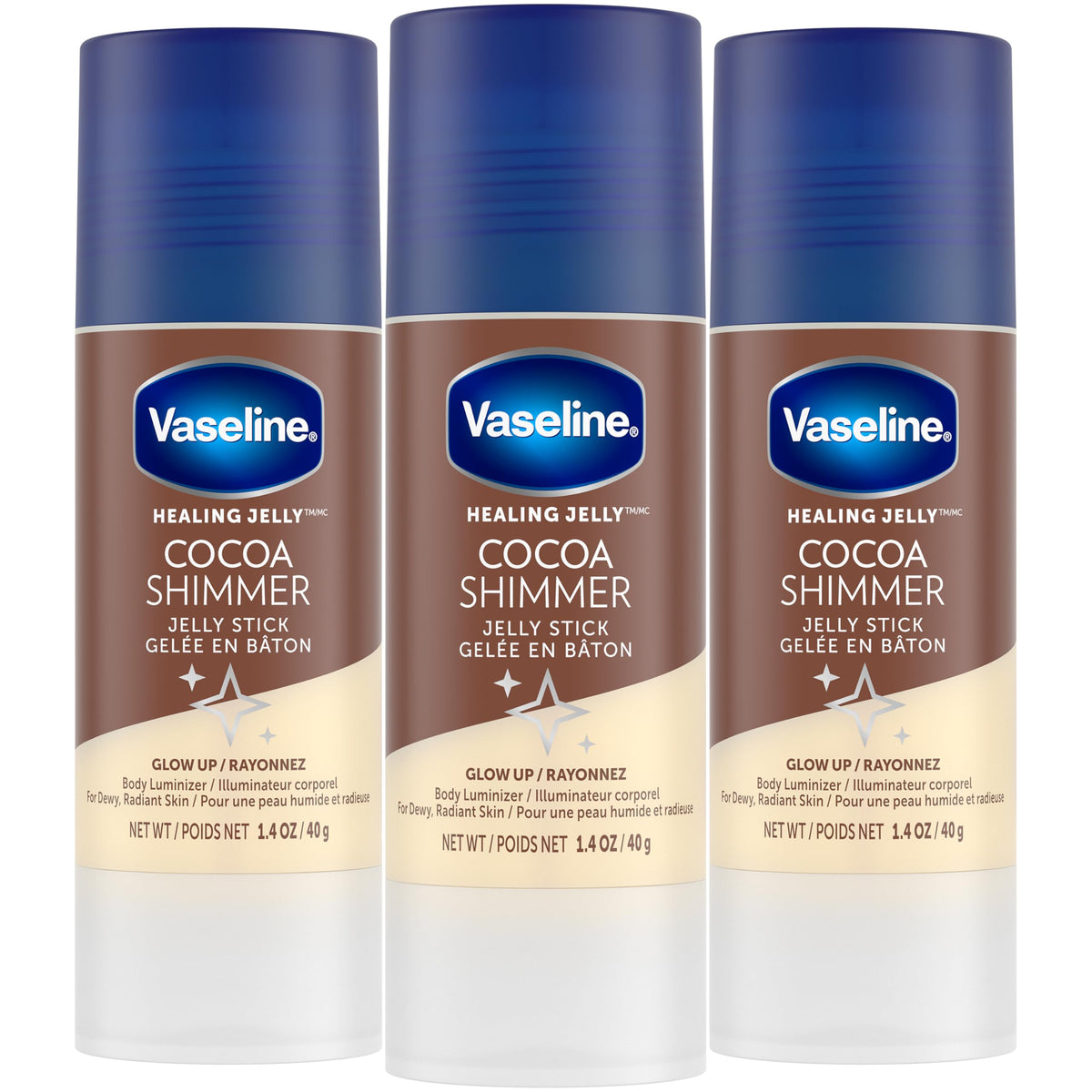 Vaseline front-pack view showing three cocoa shimmer sticks and branding for easy selection