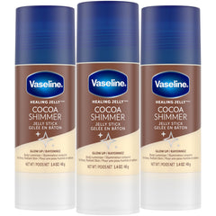 Vaseline front-pack view showing three cocoa shimmer sticks and branding for easy selection