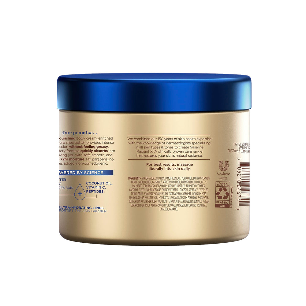 Vaseline Radiant X open jar texture highlighting creamy absorbent benefit