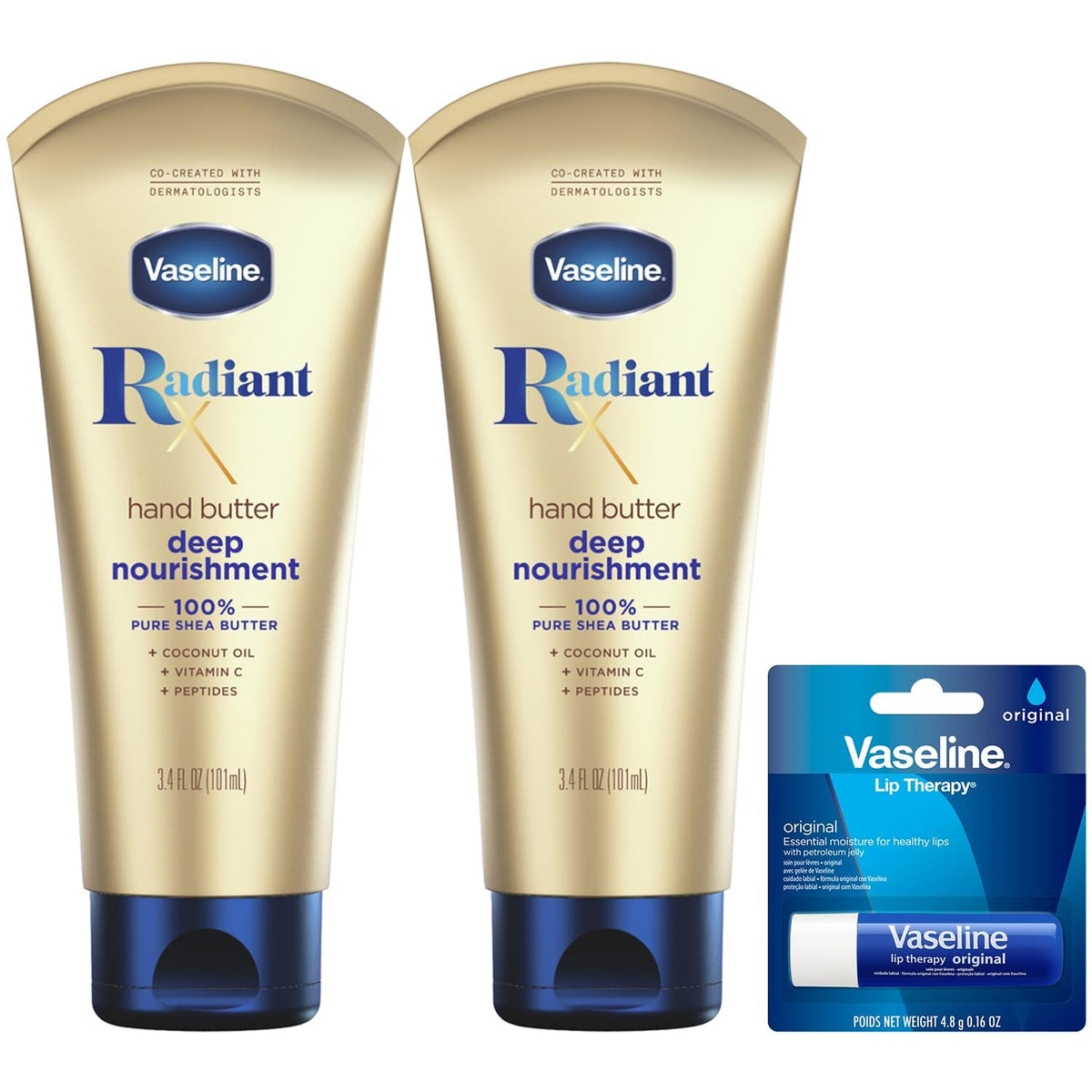 Vaseline Radiant X front packaging showing the two hand butter tubs and lip stick benefit of hydration