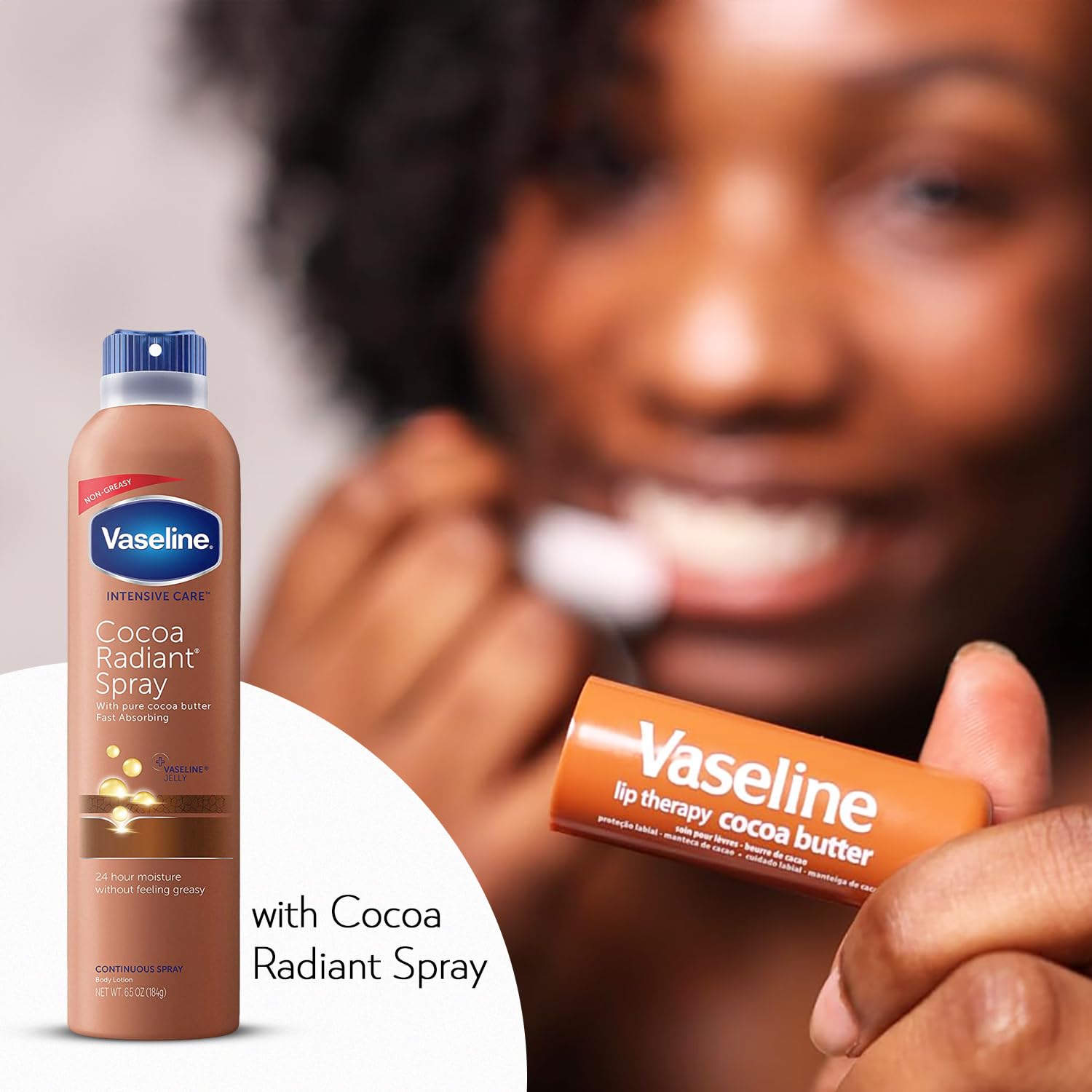 Close-up of Vaseline spray nozzle mist and lotion texture, precise fast application benefit