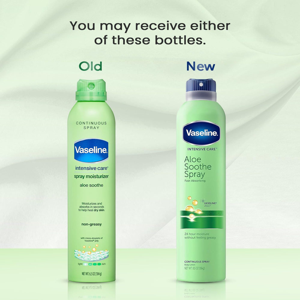 Vaseline spray in use misting leg for fast, even moisturizing on-the-go