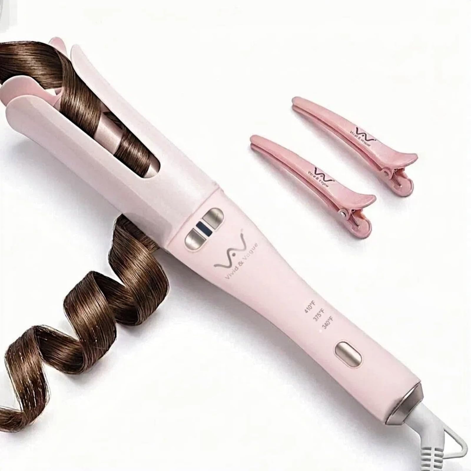 VAV auto curler front view showing buttons and sleek design for easy styling