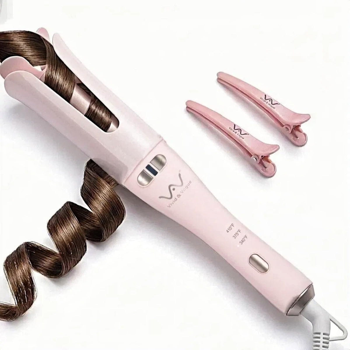 VAV auto curler front view showing buttons and sleek design for easy styling