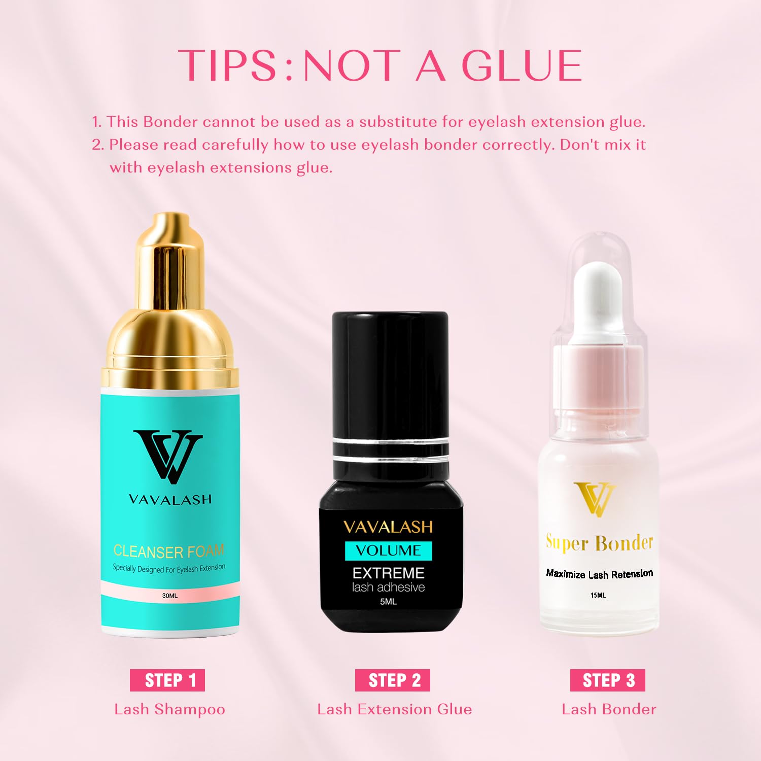 VAVALASH 15ml bottle next to eyelash tray for scale and salon convenience