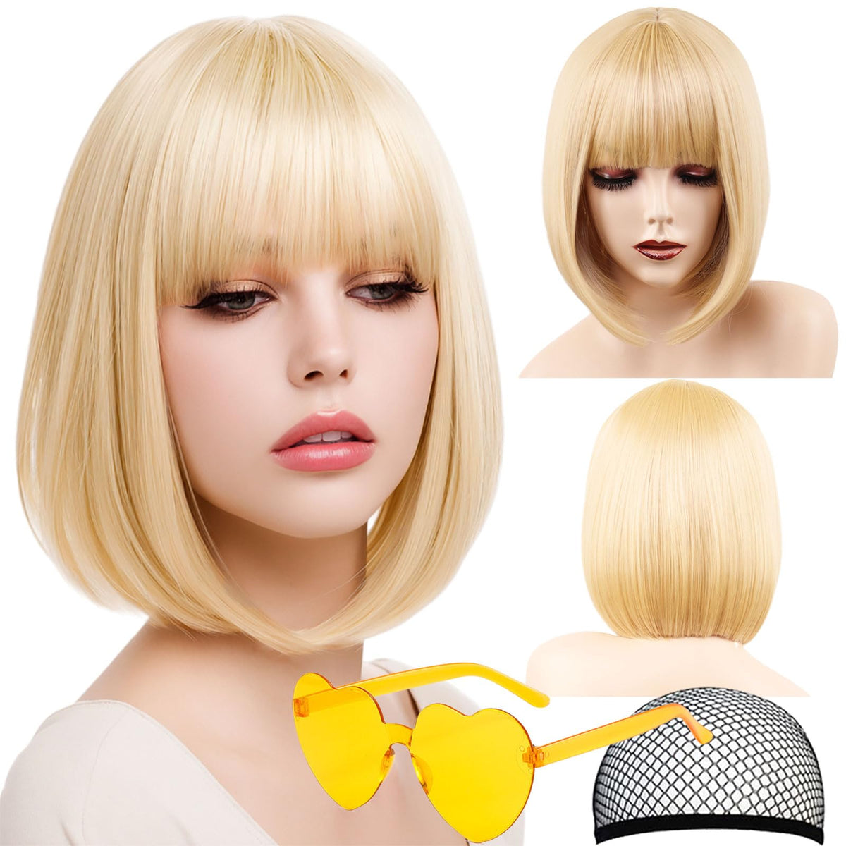 VCAY front view of blonde bob wig showing clean bangs and flattering cut