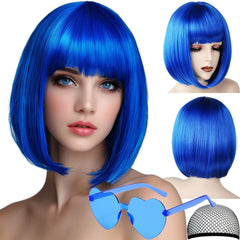 VCAY front view of blue bob wig showing neat bangs and flattering silhouette