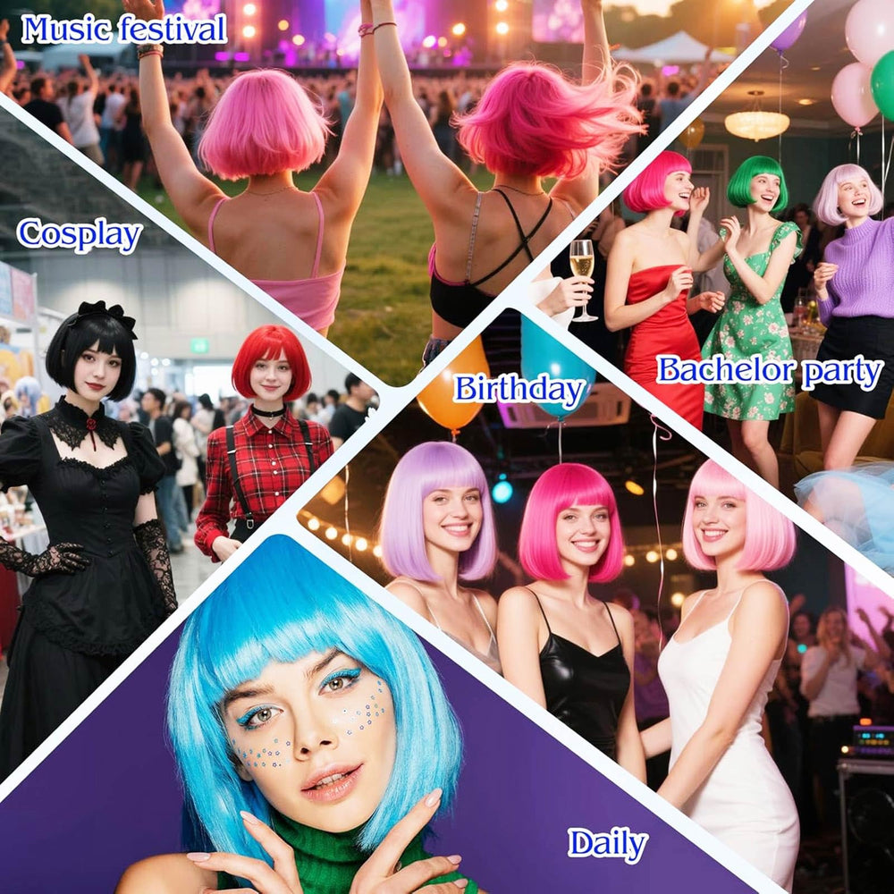VCAY street-style shot of blue bob wig adding vibrant color to outfit