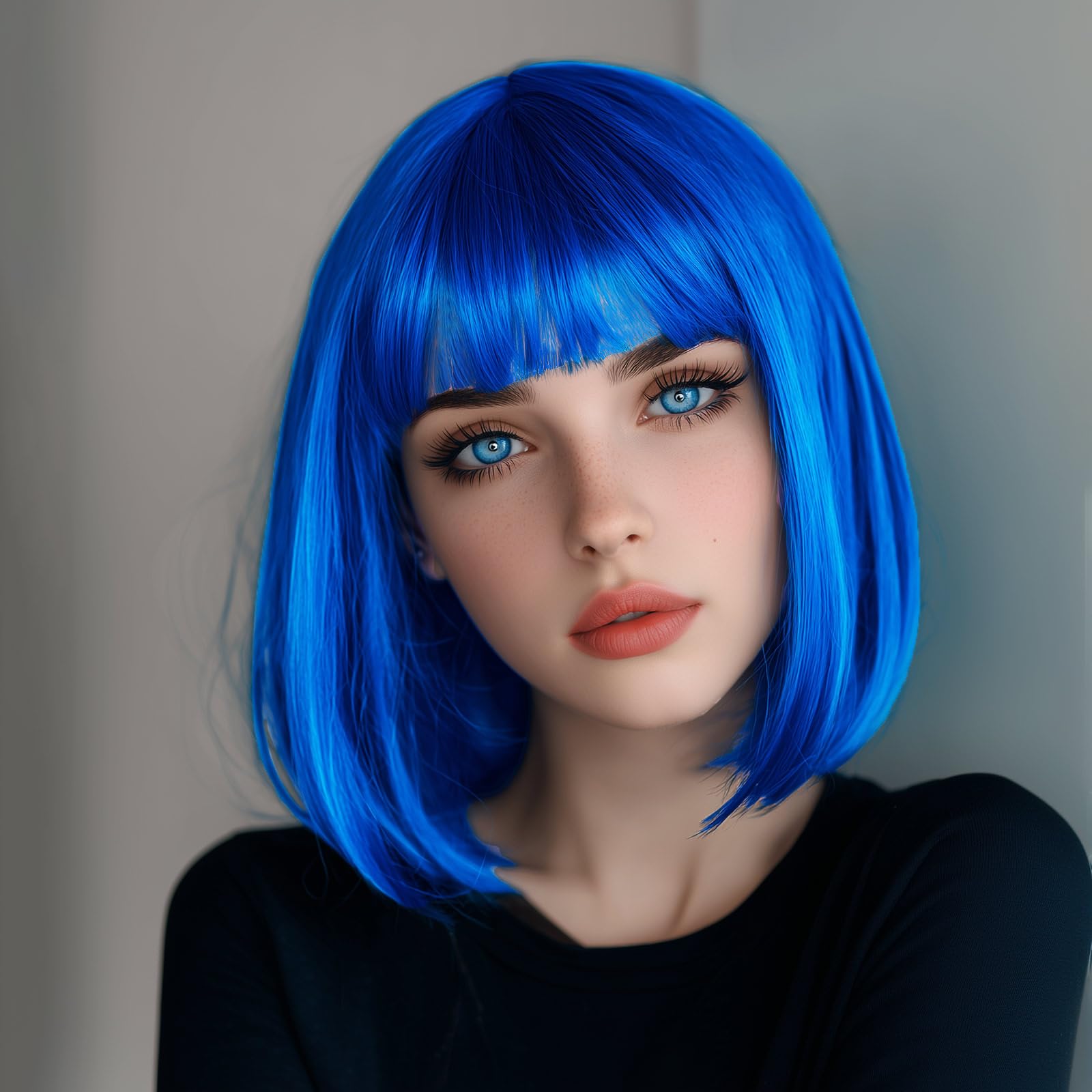 VCAY side profile of blue bob wig demonstrating natural fall and length