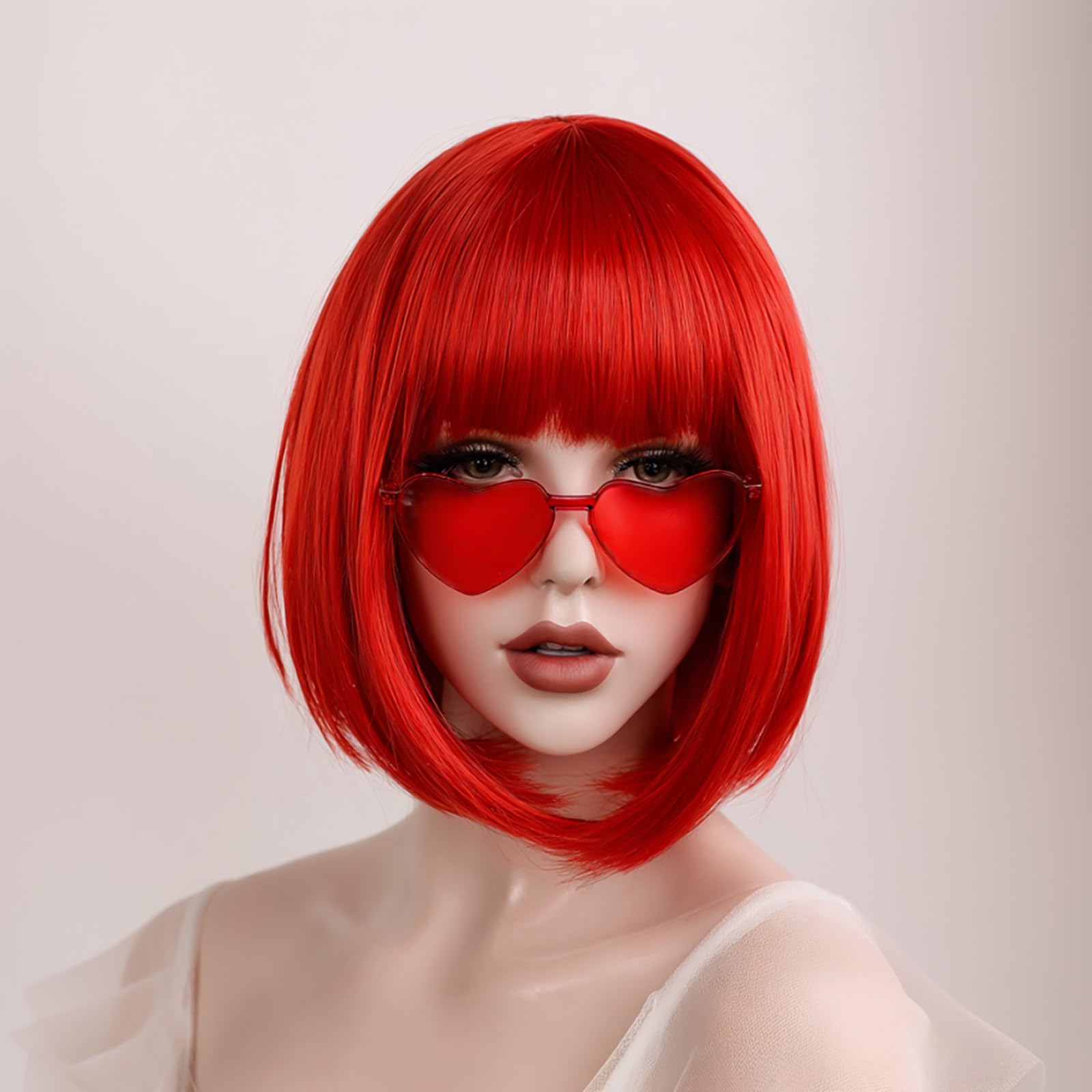 VCAY red bob wig fiber closeup showing heat-resistant synthetic texture and shine
